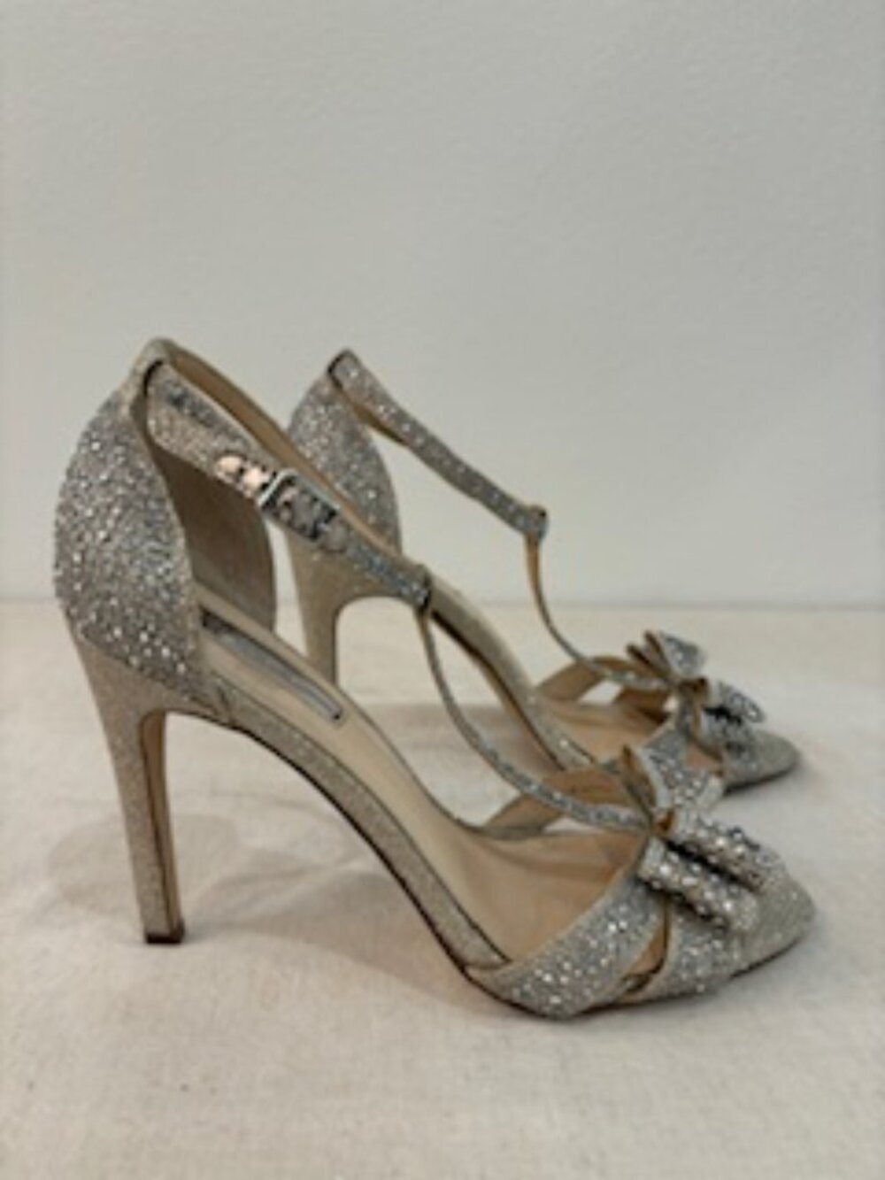INC International Silver Rhinestone Open Toe High Heel with Bows - Size 8.5 - Picture 3 of 5